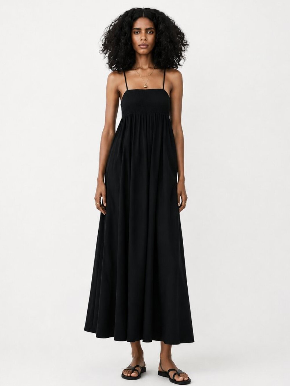 Zara Linen Blend Smocked Midi Dress Black Medium NWOT